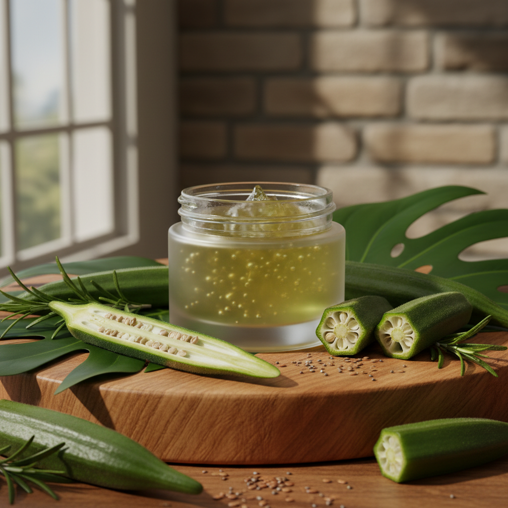 Okra Curl Defining Gel - Lifestyle Shot with Okra and Botanicals